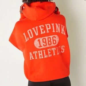 Victoria Secret PINK Orange Collegiate Logo Hooded Crop Sweatshirt, XL